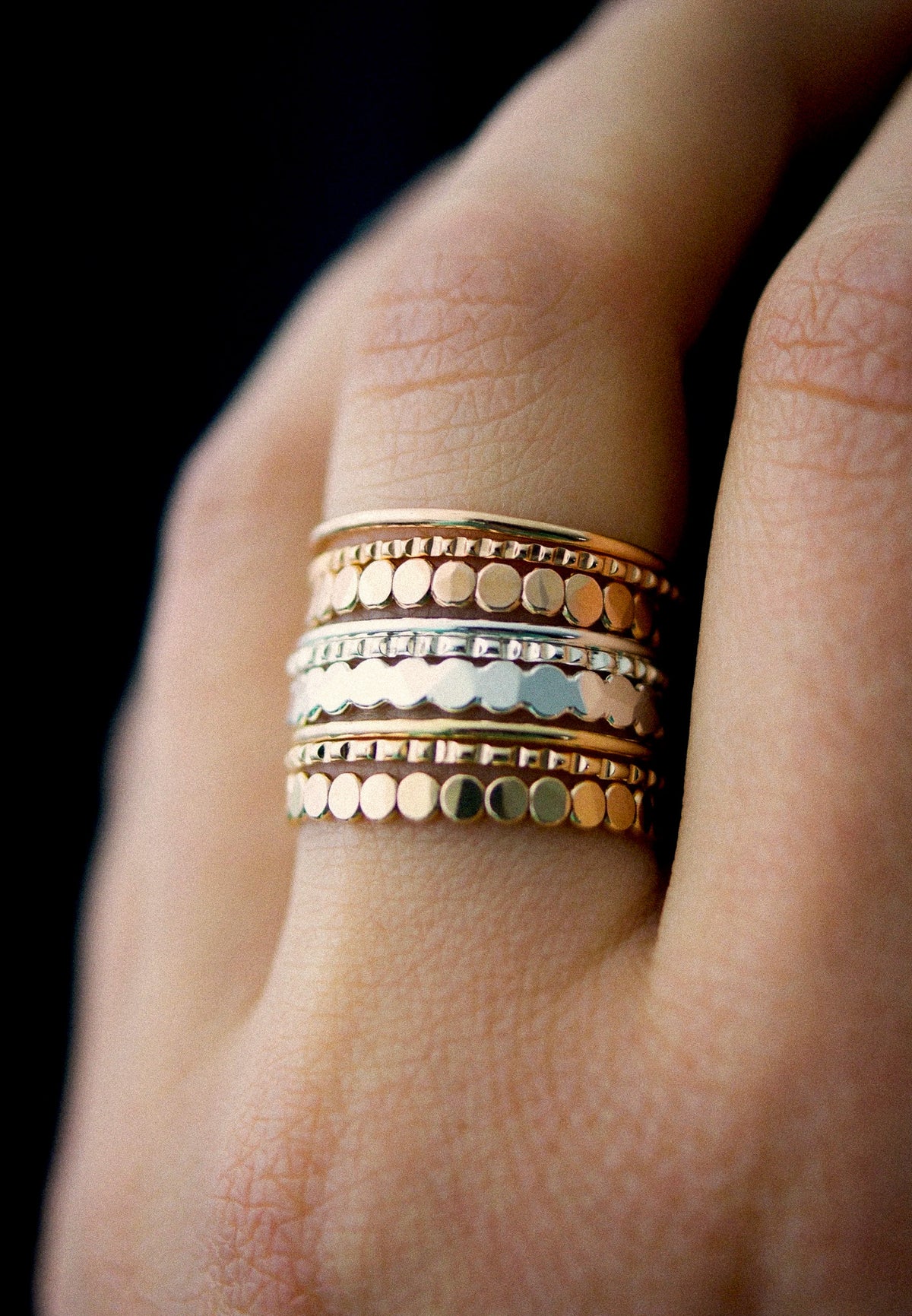 Bead Mixed Texture Set of 3 Stacking Rings, Gold Fill, Rose Gold Fill or Sterling Silver
