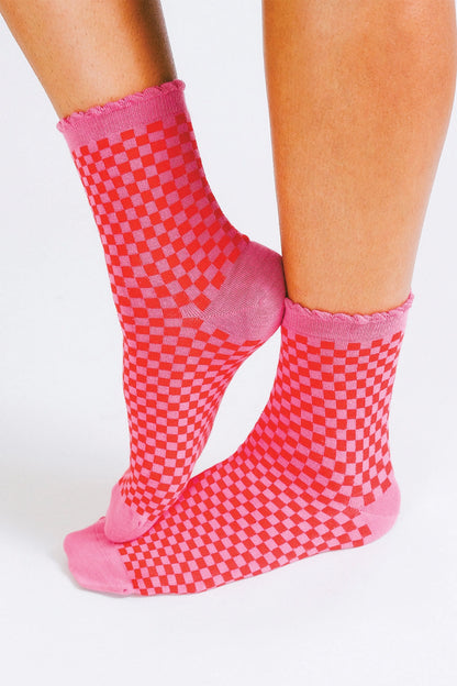 Pink Checkered Ankle Socks