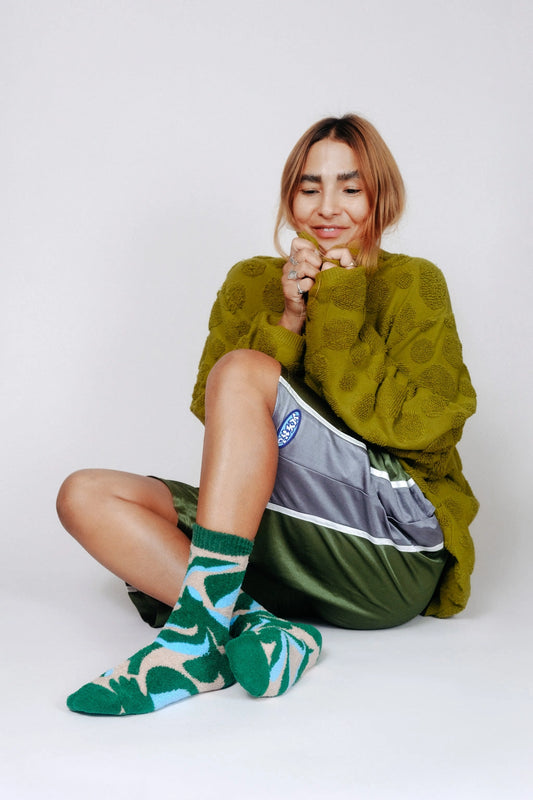Abstract Cozy Teddy Crew Socks