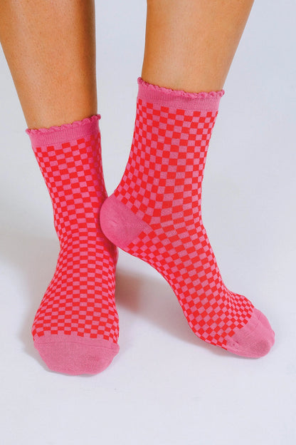 Pink Checkered Ankle Socks