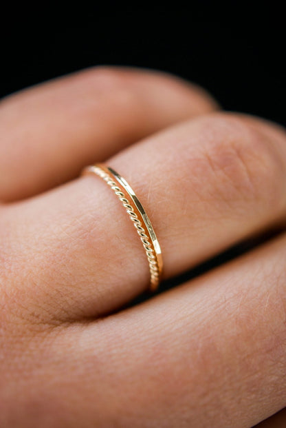 Twist Set of 2 Stacking Rings, Solid 14K Gold or Rose Gold
