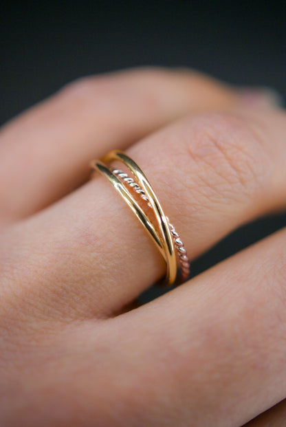 Twist Interlocking Set of 3 Rings, Mixed Metals