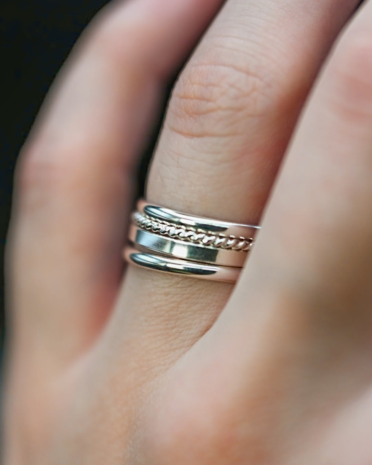 Mirrored Extra Thick Set of 4 Stacking Rings, Gold Fill, Rose Gold Fill or Sterling Silver