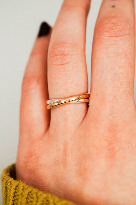 Thick Interlocking Set of 2 Rings, Sterling Silver & Gold Fill
