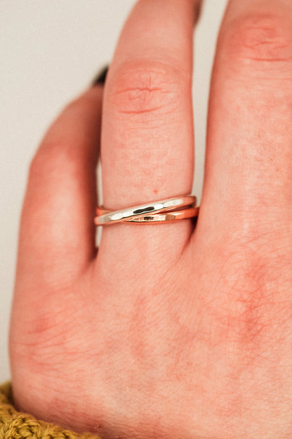 Thick Interlocking Set of 2 Rings, Sterling Silver & Rose Gold Fill