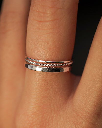 Ultra Thin and Extra Thick Twist Set of 3 Stacking Rings, Gold Fill, Rose Gold Fill or Sterling Silver