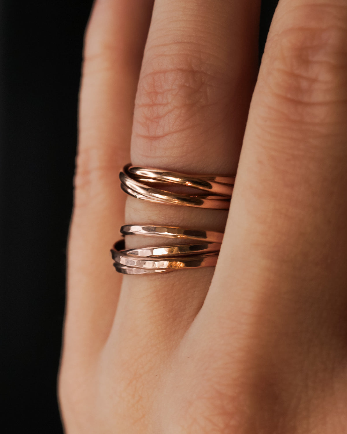Thin Interlocking Set of 4 Rings, Solid 14K Rose Gold