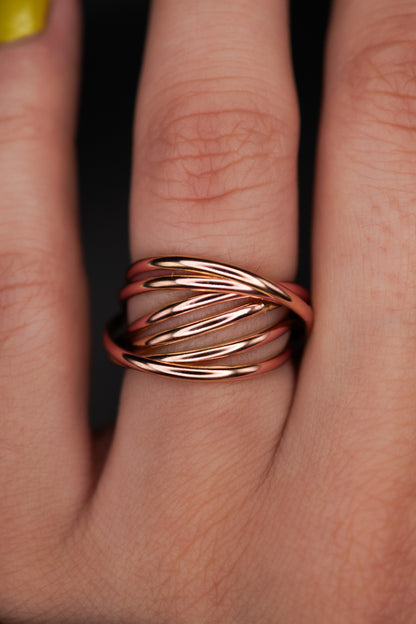 Thin Interlocking Set of 6 Rings, Solid 14K Rose Gold