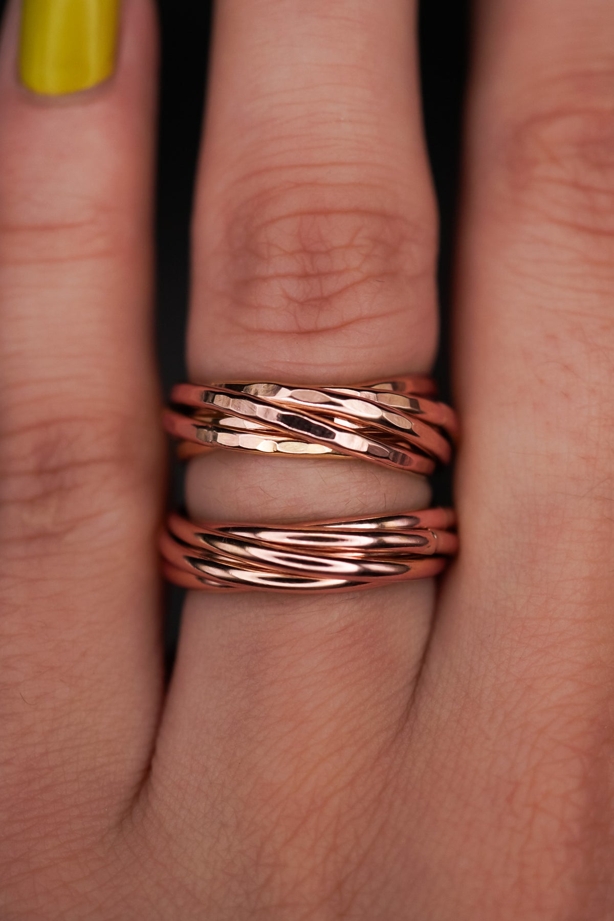 Thin Interlocking Set of 6 Rings, Solid 14K Rose Gold