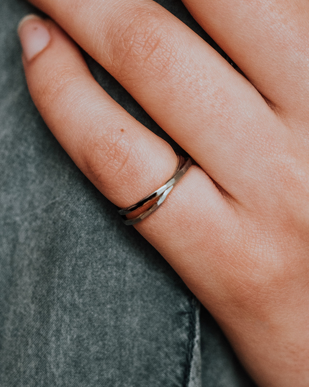 Thin Interlocking Set of 2 Rings, Solid 14K White Gold