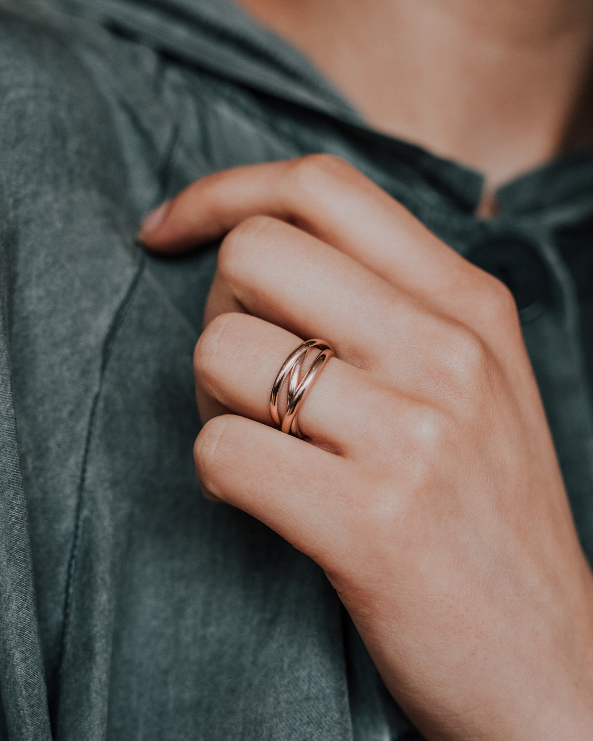 Thick Interlocking Set of 3 Rings, Solid 14K Rose Gold
