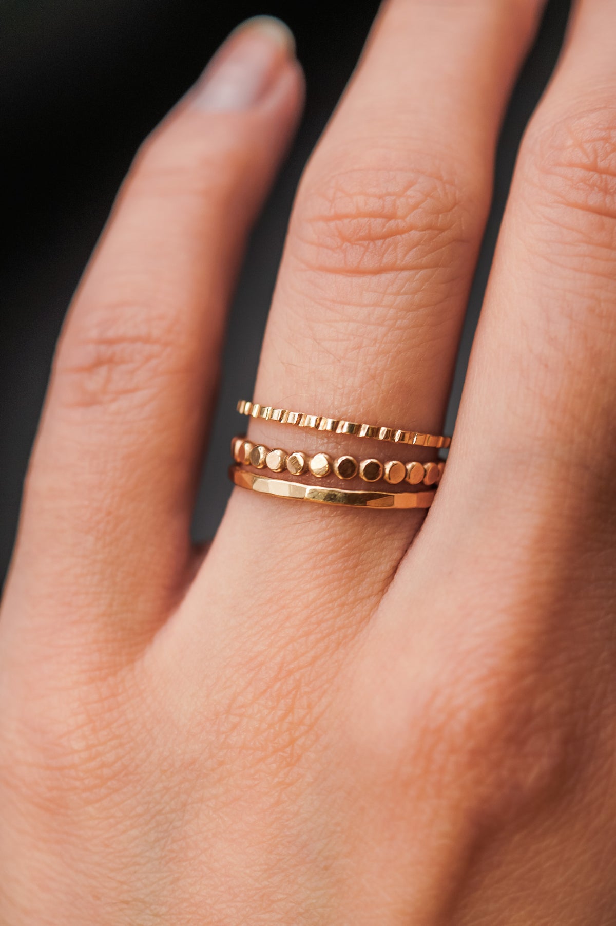 Mini Bead Half Lined Set of 3 Stacking Rings, Gold Fill, Rose Gold Fill or Sterling Silver