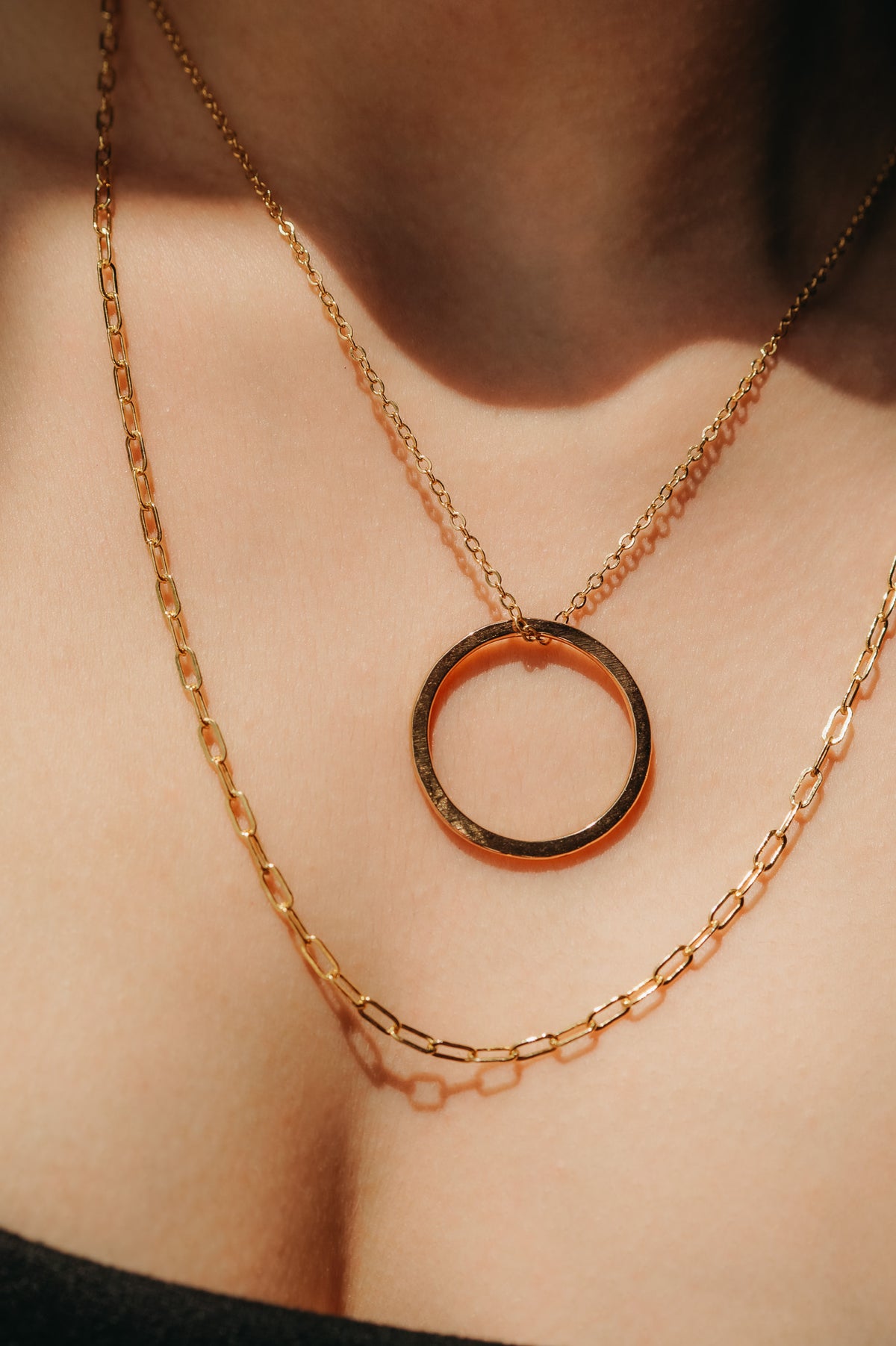 Long Rectangle + Circle Layering Necklace Set in Gold Fill