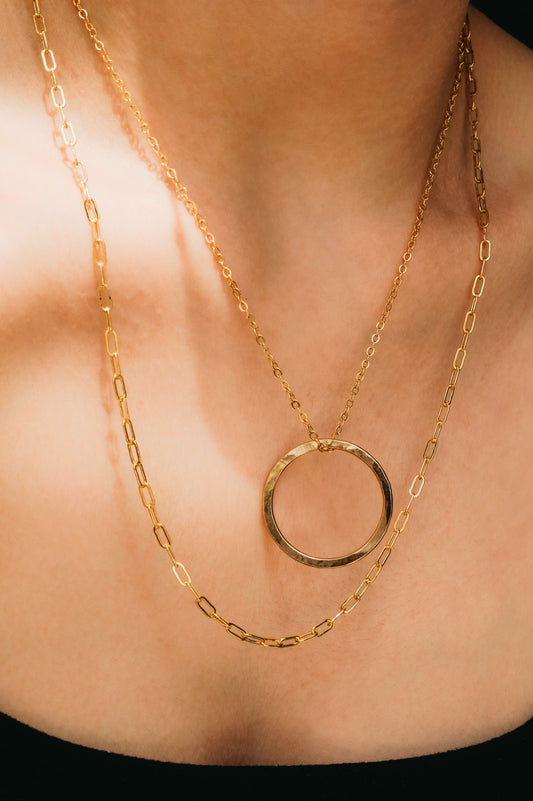 Long Rectangle + Circle Layering Necklace Set in Gold Fill