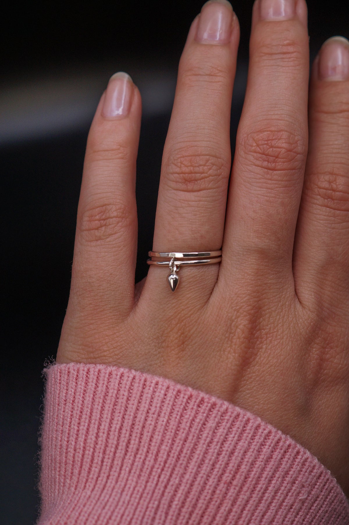 Teardrop Charm Set of 2 Stacking Rings, Sterling Silver