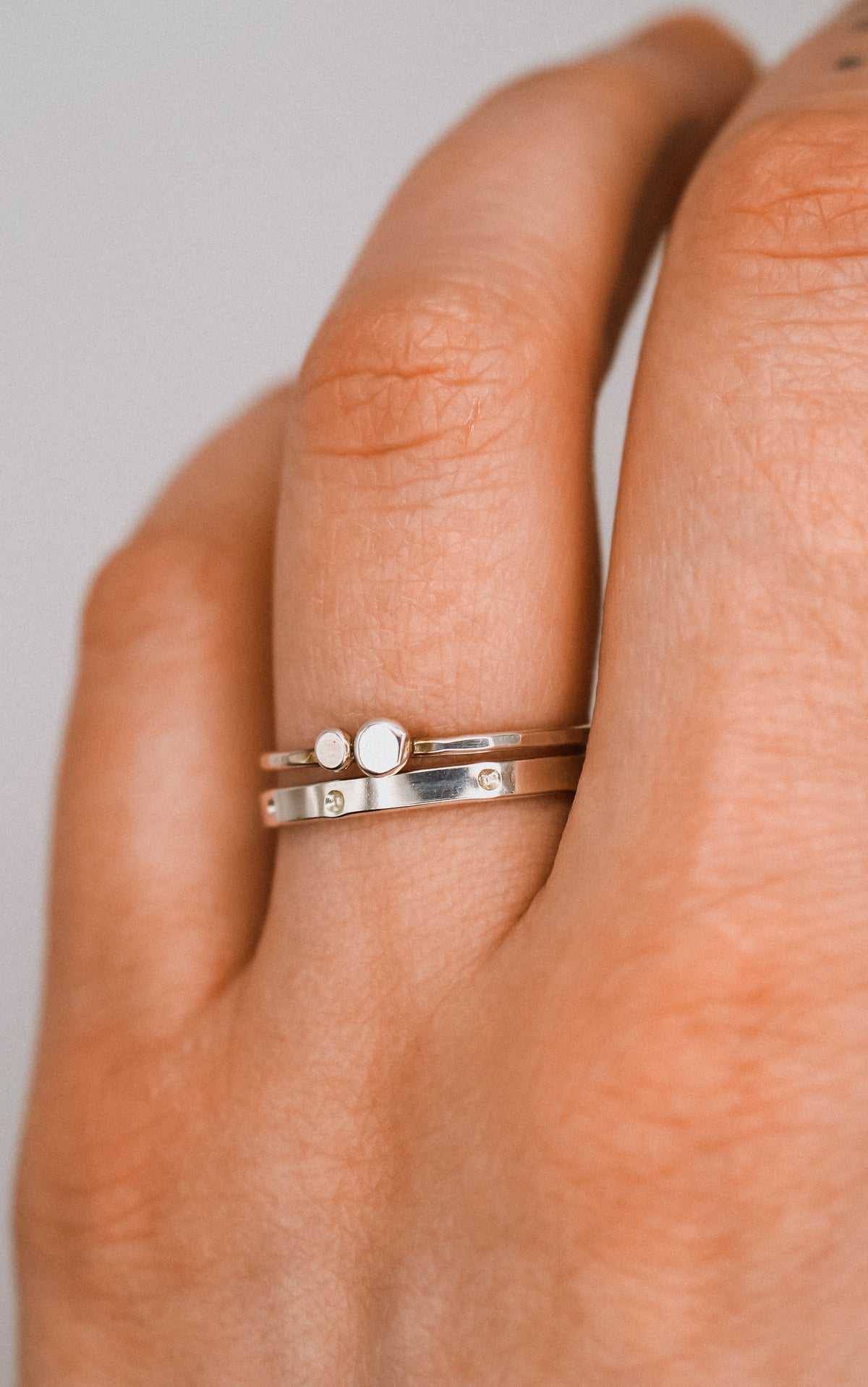 Double Pebble & Dotted Ring Set of 2, Sterling Silver
