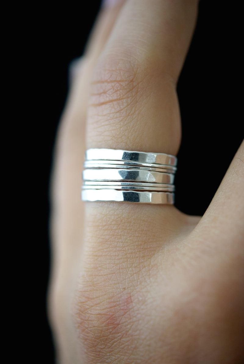 Hammered Thick & Thin Set of 7 Stacking Rings, Gold Fill, Rose Gold Fill or Sterling Silver