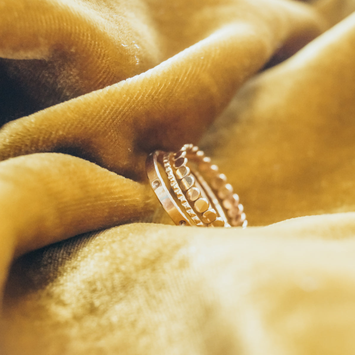 STACKED RING SET. THICK BEAD RING. 2MM. MOON RING. TEXTURED SET. LINED RING. 1MM. NOTCHED TEXTURE. EXTRA THICK DOT RING. DOTTED RING. CIRCLES. 2MM. GOLD ROSE OR SILVER.