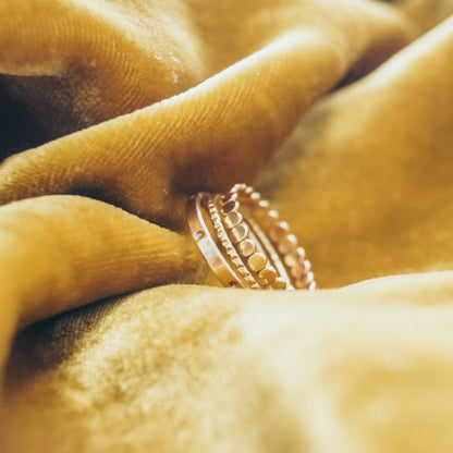 STACKED RING SET. THICK BEAD RING. 2MM. MOON RING. TEXTURED SET. LINED RING. 1MM. NOTCHED TEXTURE. EXTRA THICK DOT RING. DOTTED RING. CIRCLES. 2MM. GOLD ROSE OR SILVER.