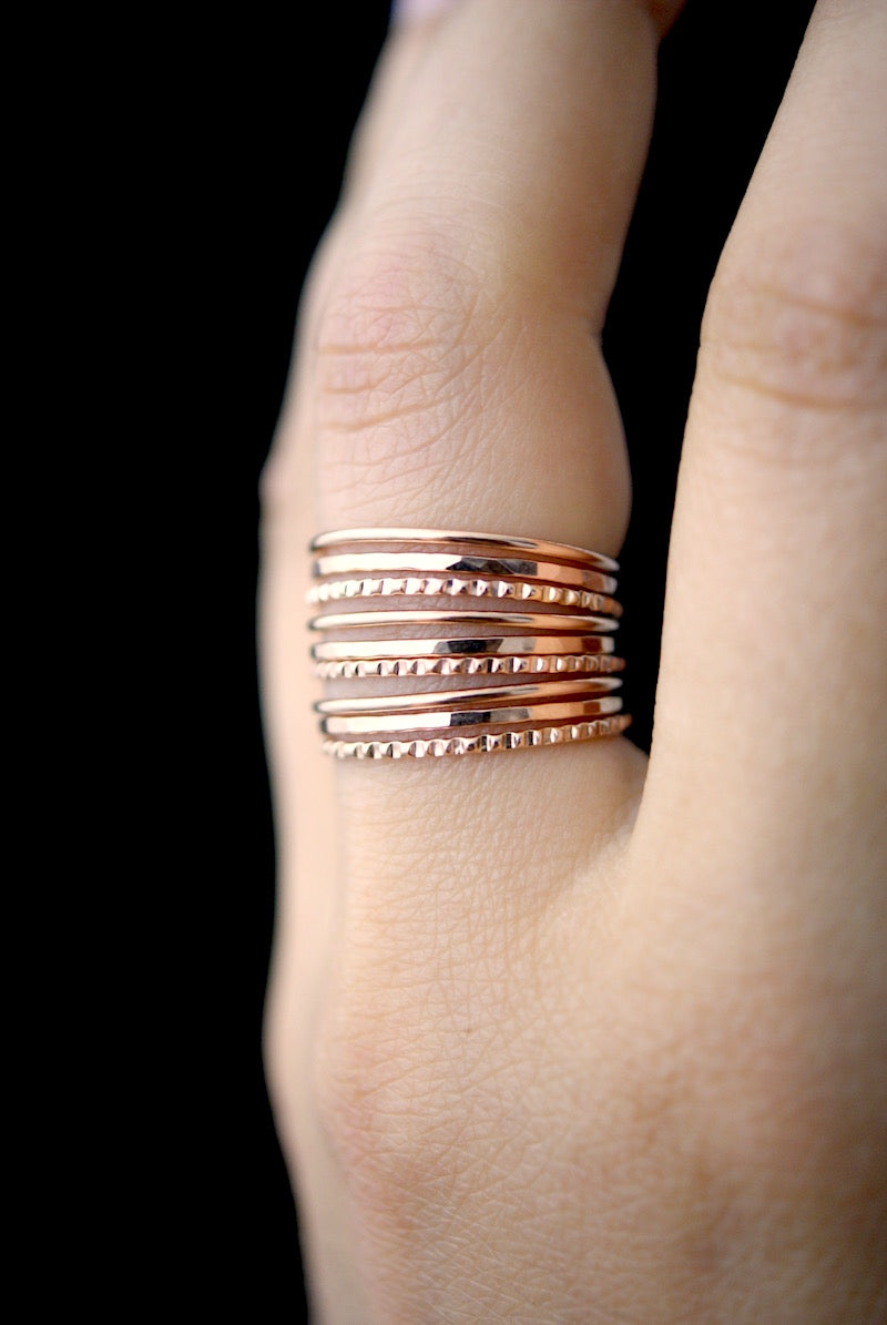 Lined Set of 9 Stacking Rings, Gold Fill, Rose Gold Fill or Sterling Silver