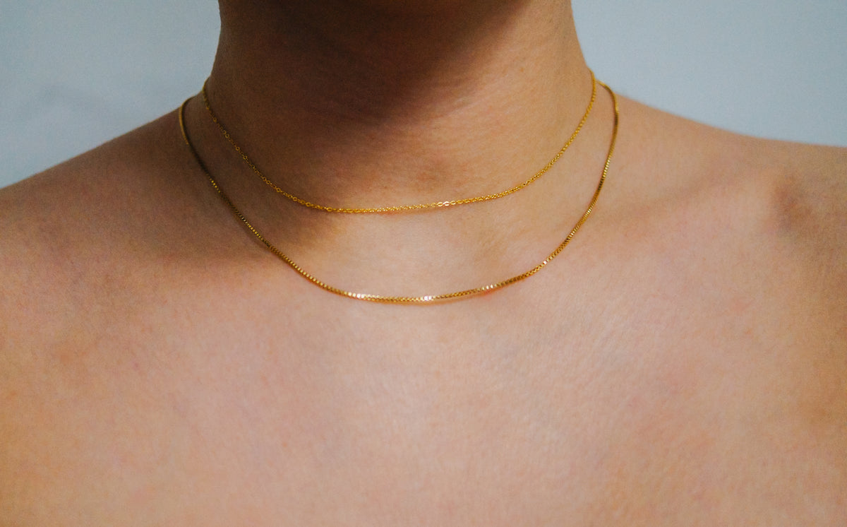 Choker Layering Necklace Set of 2 Chains, 14K Gold Fill