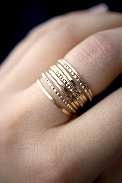 Lined Set of 9 Stacking Rings, Gold Fill, Rose Gold Fill or Sterling Silver