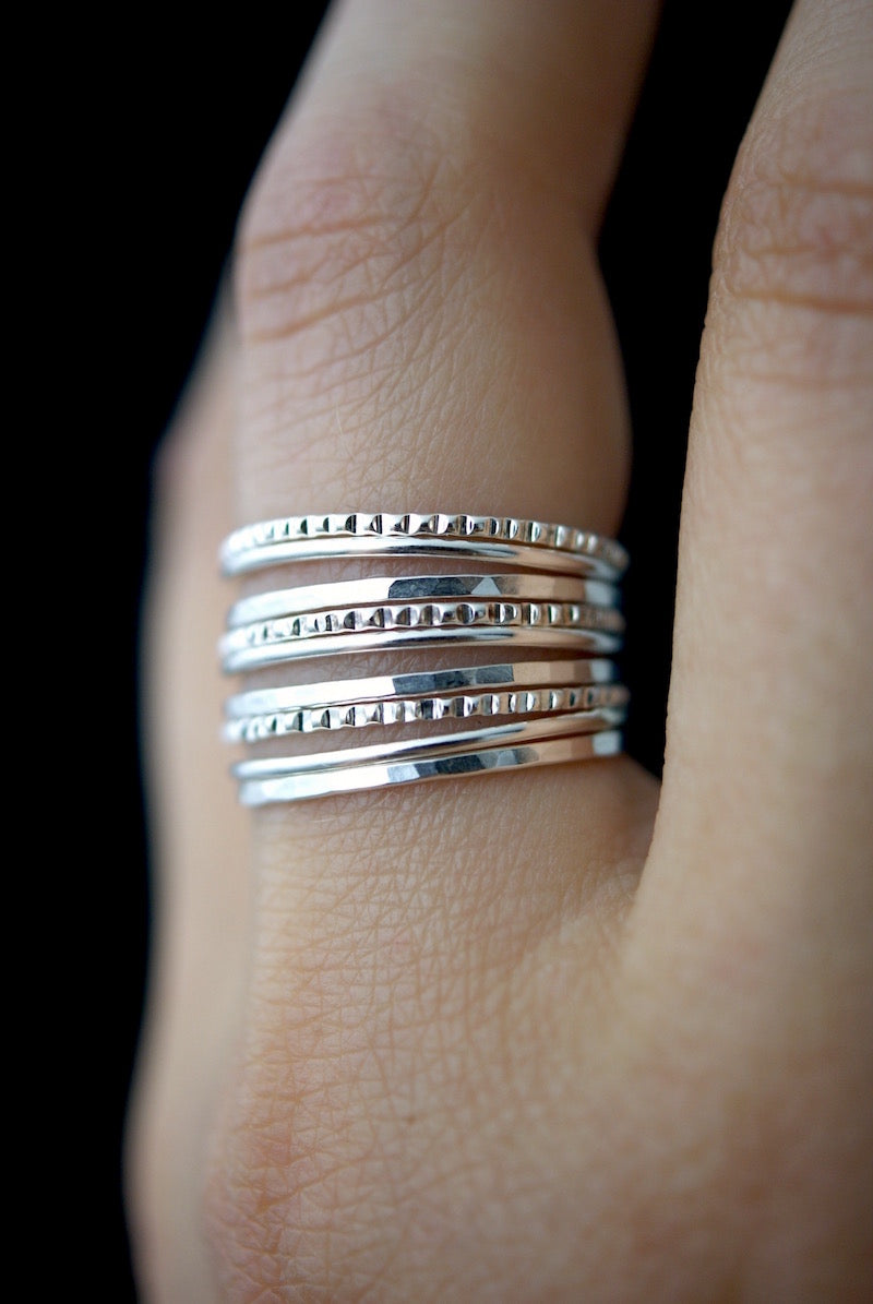 Lined Set of 9 Stacking Rings, Gold Fill, Rose Gold Fill or Sterling Silver