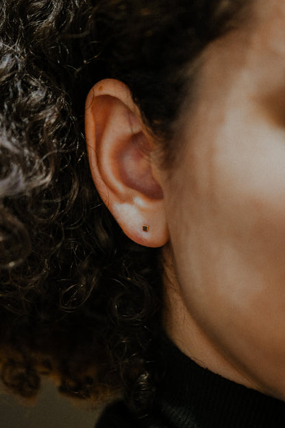 Square Mirror Flat Back Stud Earring, Solid Gold