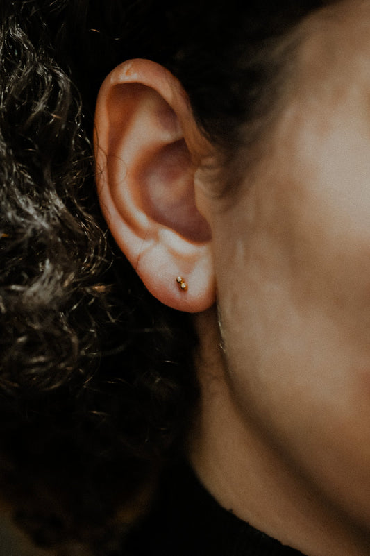 Tiny Beaded Bar Flat Back Stud Earring in Solid Gold